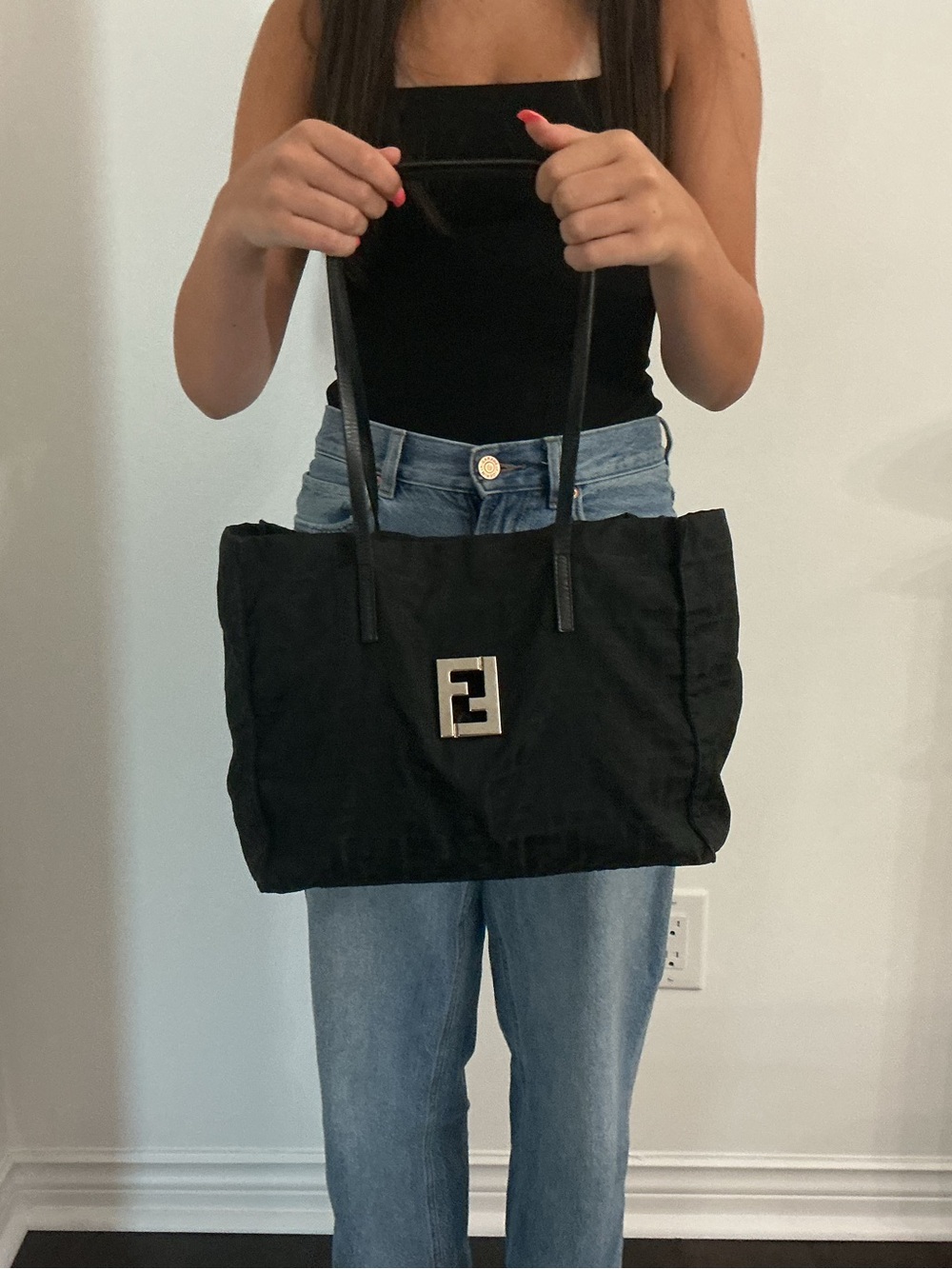 Fendi Black Shoulder Tote with Silver FF Logo